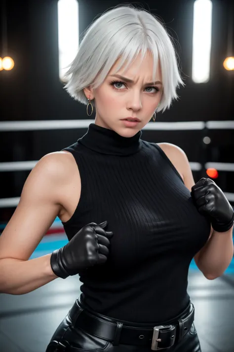 masterpiece, best quality, 8k raw photo, film grain, bokeh, <lora:doachristie-nvwls-v1:0.9> doachristie, white hair, floating hair, fighter stance, earrings, choker, black sweater, sleeveless turtleneck, belt, black pants, black gloves, fingerless gloves, (huge breasts), looking at viewer, upper body, furrowed brow, angry, dojo, arena