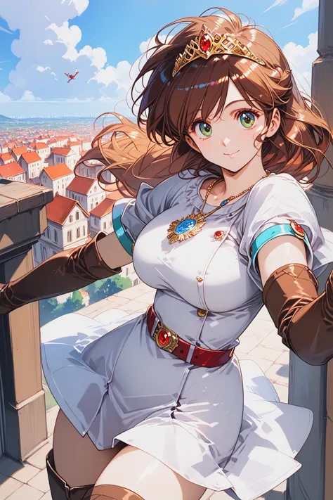 anime girl with brown hair and blue eyes in a white dress