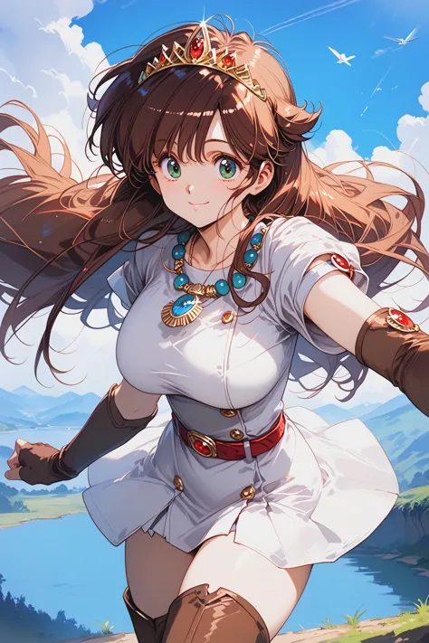 score_9, score_8_up,  score_7_up,
1girl, ki, white dress, short dress, short sleeves, belt, elbow gloves, brown gloves, fingerless gloves, thigh boots, brown thighhighs, blue necklace, ruby tiara,
air_flaps,
green eyes,
huge breasts,
cowboy shot,
smile,
outdoors,day,sky,floating,small river,
<lora:Urushihara Satoshi_XL_PONY_V2:0.8>,  <lora:style1:0.7>,  <lora:bra_embellishments_enhancer_XL_v01a:1> , <lora:pony_xl_ki:0.8>, <lora:cnv3mdde878c738thn20:0.7>,