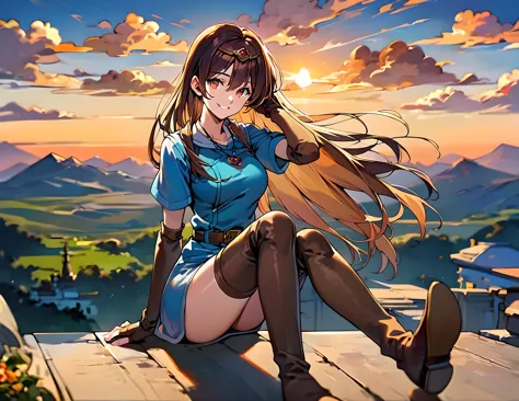 anime girl sitting on a ledge with a view of a valley