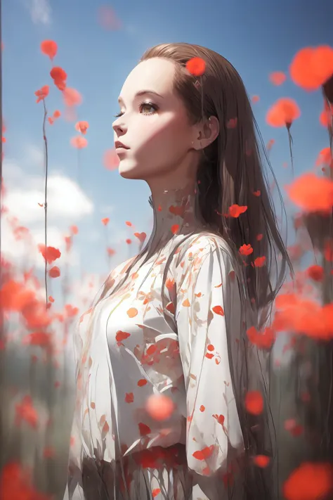 a woman standing in a field of red flowers with her eyes closed