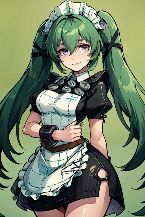 a close up of a woman in a maid outfit with long green hair