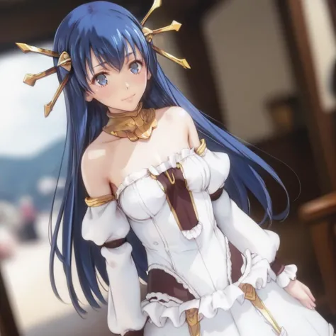 anime girl in white dress with blue hair and gold accessories