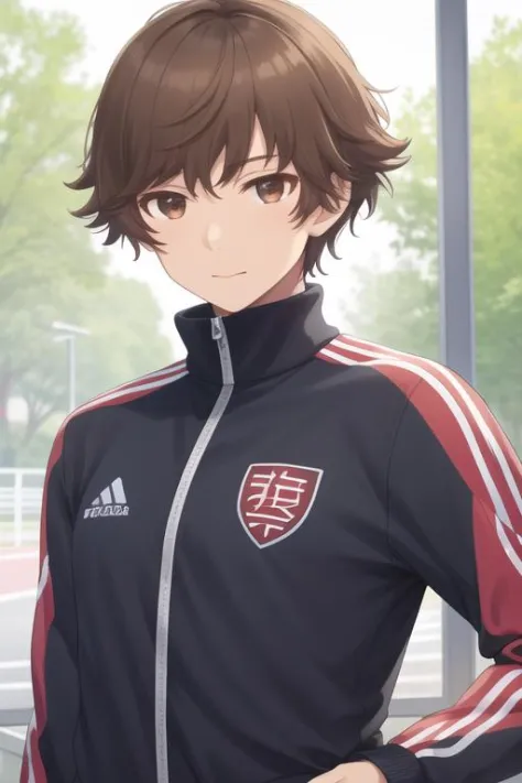 masterpiece, best quality, high quality, 1boy, solo, male focus, looking at viewer, upper body, kogure_kawanami, brown hair, brown eyes, track suit