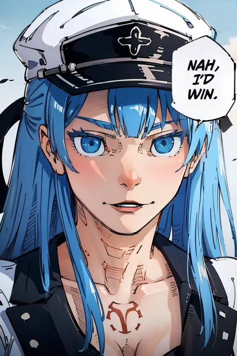 masterpiece, detailed, 1girl, alluring, <lora:esdeath:0.8>, esdeath, hat, peaked cap, chest tattoo, blue hair, long hair, (best ...