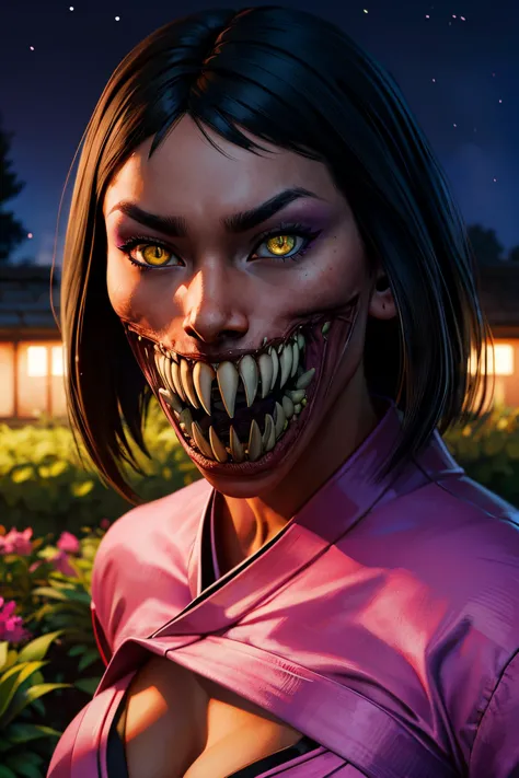 a close up of a woman with a creepy face and a pink shirt