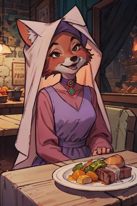 dessin animé_Domestique Marian_proprewaifu, renard femelle à fourrure, oreilles d&#39;animaux, Yeux noirs, nez d&#39;animal, peau d&#39;orange, queue, foulard, robe violette, manches longues, regarder le spectateur, souriant, Séance, derrière la table, dîner à l&#39;intérieur, table pleine de nourriture, steak, légumes, Haute qualité, chef-d&#39;œuvre, 