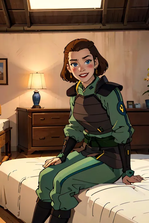 a close up of a cartoon of a woman sitting on a bed