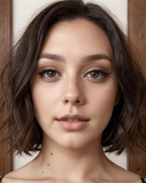 a close up of a woman with a short brown hair