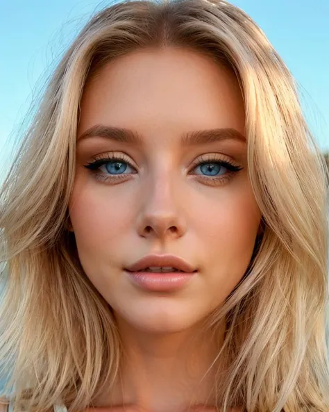 a close up of a woman with blonde hair and blue eyes