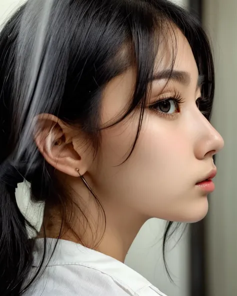 a close up of a woman with long black hair and a white shirt