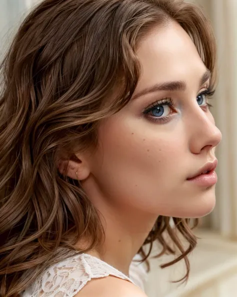 a close up of a woman with a white dress and blue eyes