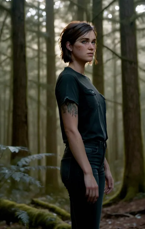 photo of ohxw, ellie, tattoo on left arm, woman, black jeans, full body, skinny, short hair, face details, forest, low key light...