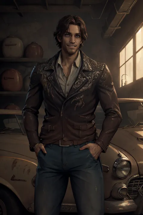 ((ultra detailed, masterpiece, best quality)),
<lora:RE4Luis:0.85>,
RE4Luis, 1boy, solo, brown hair, Within a classic car garage, rugged denim and leather jacket, surrounded by vintage cars, posing with an effortlessly cool stance, smile, teeth, gigachad:0.3