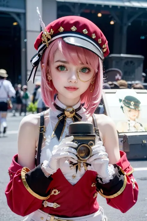 masterpiece, best quality,indoors, (crowd:1.4),cosplay,1girl, pink hair, hat, camera,holding camera,solo, gloves, green eyes, white gloves, holding, red headwear, smile, bare shoulders, bangs, looking at viewer, detached sleeves, :d, long sleeves, ribbon, white shirt, upper body, beret, virtual youtuber, sleeveless, medium hair, shirt, sparkle, blush, cabbie hat, monocle, short hair, sleeveless shirt,