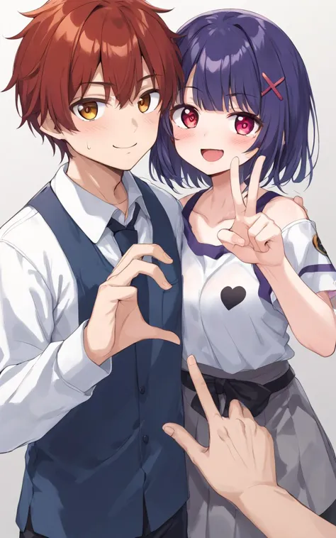 anime couple with heart shaped hands and fingers up