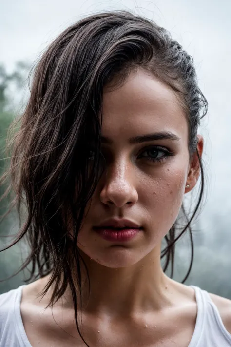 RAW photo color, a close up portrait photo, 1girl, 30 years old, wearing a white wet t-shirt, wet hair, standing, pale skin, wet, seductive, ((detailed face)), (detailed skin), intricate details, shallow depth of field, [volumetric fog], cinematic lighting, reflections, photographed on a Canon EOS R5, wide lens, F/2.8, HDR, 8k resolution, 