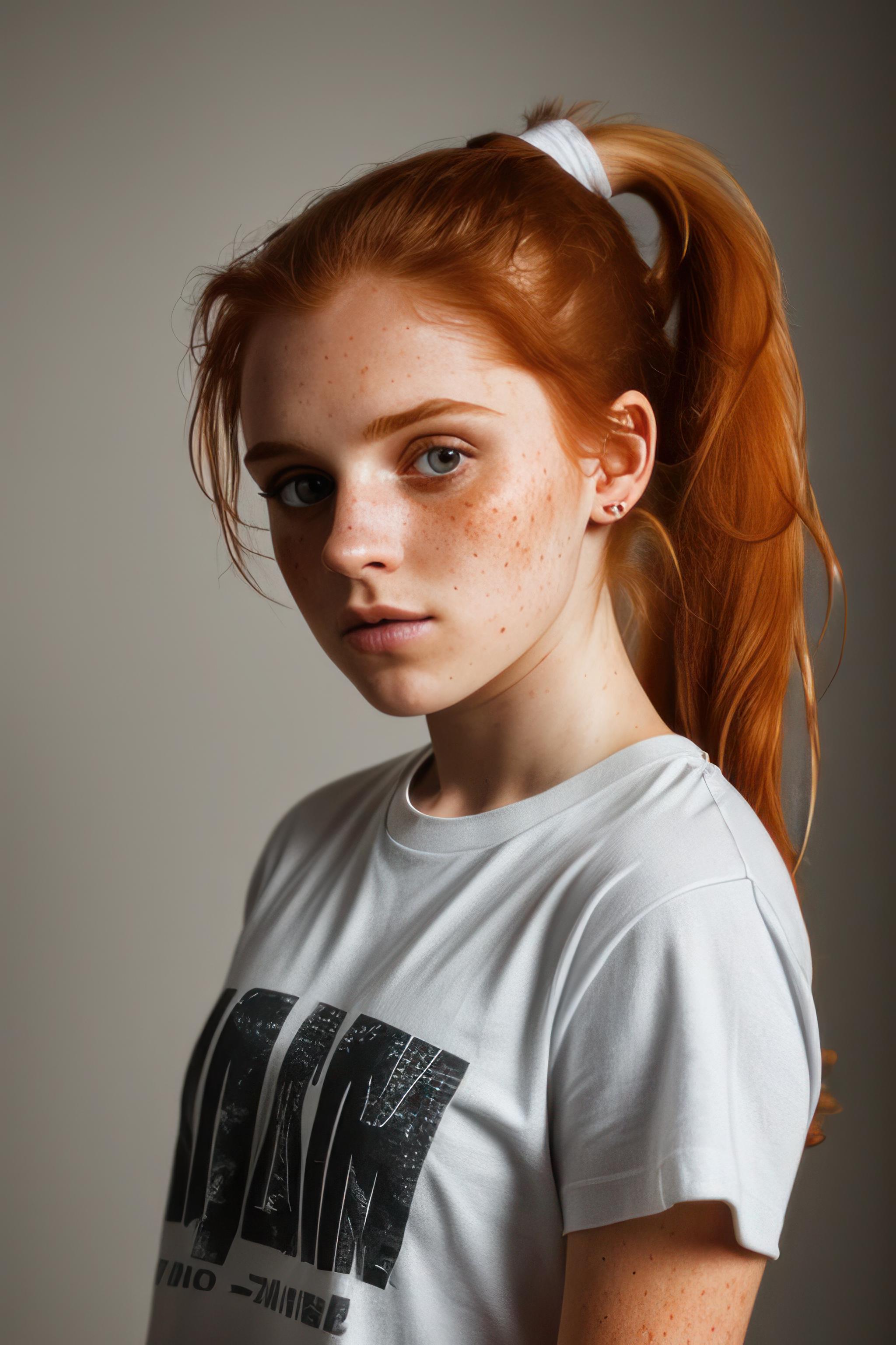 Arafed woman with red hair sitting on a bench in a white shirt - SeaArt AI