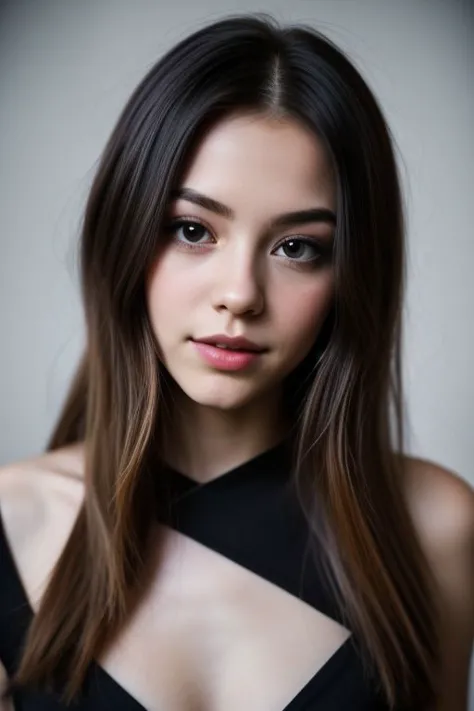 a close up of a woman with long hair wearing a black dress