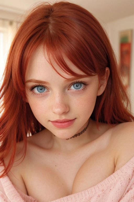 raw photo,close up, (18yo redhead girl:1.2), cheek dimples, blushing, graphic eyeliner, rouge, (lipstick:0.6), (choker:0.9), realistic skin texture, oversize knit sweater, (red:0.8), softcore, warm lighting, cosy atmosphere, instagram style, nsfw , naive, shy, short, thin, fit, beautiful, cute, pale skin