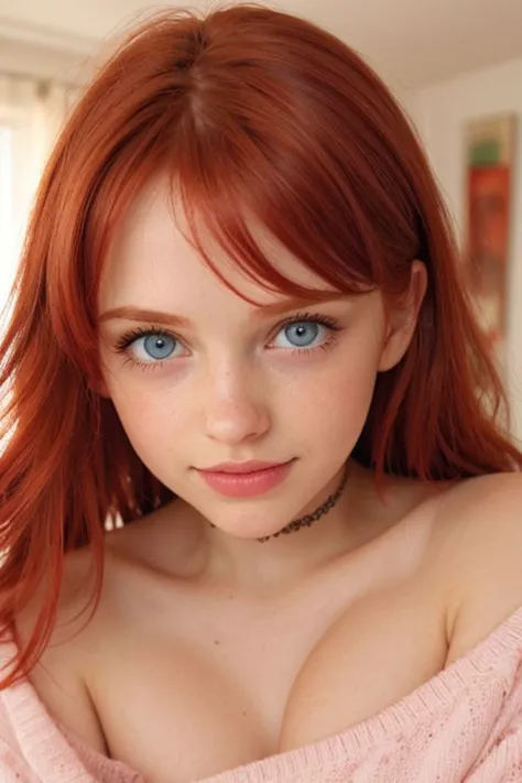 raw photo,close up, (18yo redhead girl:1.2), cheek dimples, blushing, graphic eyeliner, rouge, (lipstick:0.6), (choker:0.9), rea...