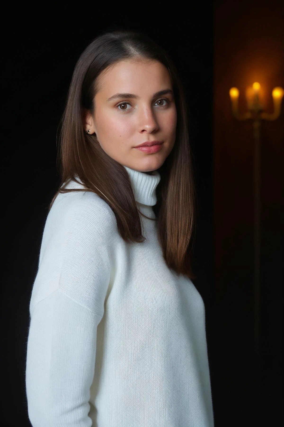1girl, solo, brown hair, realistic photo of a woman, wearing a turtleneck sweater, dark studio, dark lighting, contrast, medium shot, 