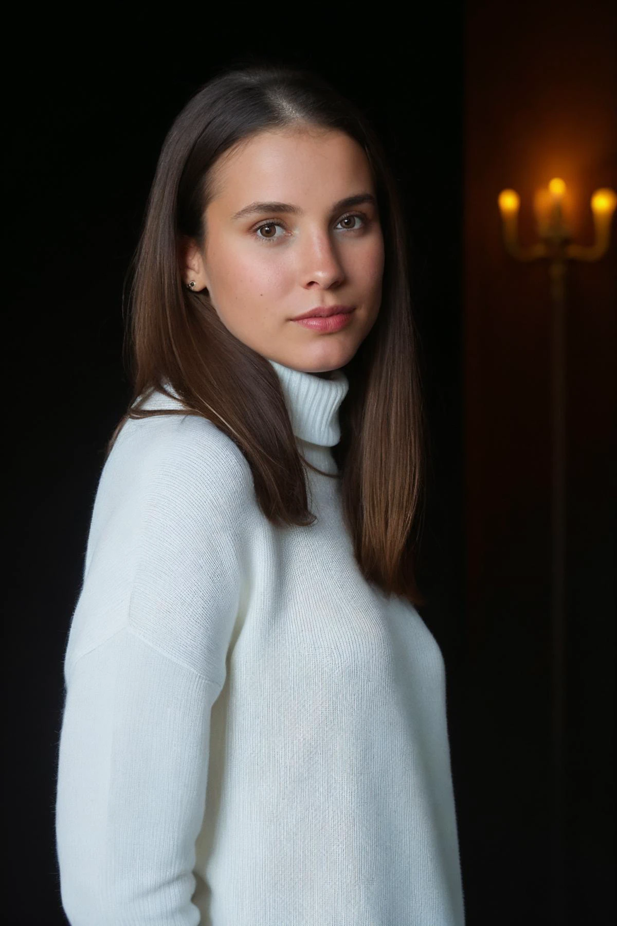 1 chica, solo, Pelo castaño, foto realista de una mujer, usando un suéter de cuello alto, estudio oscuro, iluminación oscura, contrast, Tiro medio, 