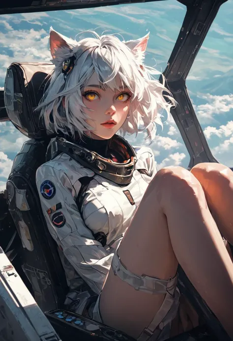 source_anime, score_9, score_8_up, score_7_up, score_6_up,Japanese art style,1girl, solo, catgirl, cat ears, white hair, bangs pinned up, golden eyes, vertical pupils, pale skin, 
pilot, eva,  cockpit, sitting, focus on legs, looking up, screens, leg focus, frontal view, front view, joystick, viewer between legs, nipple, pussy
<lora:g4n1m3XLP:0.3> <lora:comicbookpage style:0.2> <lora:add-detail-xl:0.9>