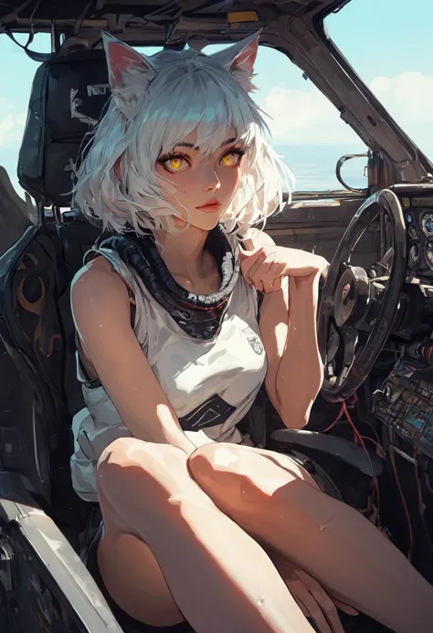 source_anime, score_9, score_8_up, score_7_up, score_6_up,Japanese art style,1girl, solo, catgirl, cat ears, white hair, bangs pinned up, golden eyes, vertical pupils, pale skin, 
pilot, eva,  cockpit, sitting, focus on legs, looking up, screens, leg focus, frontal view, front view, joystick, viewer between legs, nipple, pussy
<lora:g4n1m3XLP:0.3> <lora:comicbookpage style:0.2> <lora:add-detail-xl:0.9>