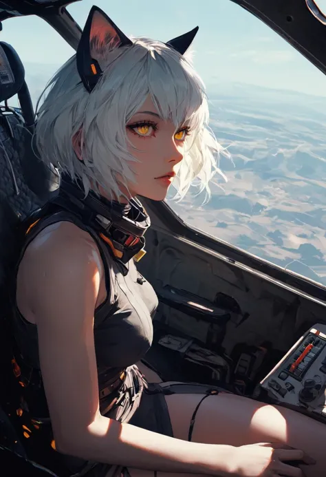 source_anime, score_9, score_8_up, score_7_up, score_6_up,Japanese art style,1girl, solo, catgirl, cat ears, white hair, bangs pinned up, golden eyes, vertical pupils, pale skin, 
pilot, eva,  cockpit, sitting, focus on legs, looking up, screens, leg focus, frontal view, front view, joystick, viewer between legs, nipple, pussy
<lora:g4n1m3XLP:0.3> <lora:comicbookpage style:0.2> <lora:add-detail-xl:0.9>