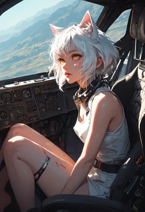 source_anime, score_9, score_8_up, score_7_up, score_6_up,Japanese art style,1girl, solo, catgirl, cat ears, white hair, bangs pinned up, golden eyes, vertical pupils, pale skin, 
pilot, eva,  cockpit, sitting, focus on legs, looking up, screens, leg focus, frontal view, front view, joystick, viewer between legs, nipple, pussy
<lora:g4n1m3XLP:0.3> <lora:comicbookpage style:0.2> <lora:add-detail-xl:0.9>