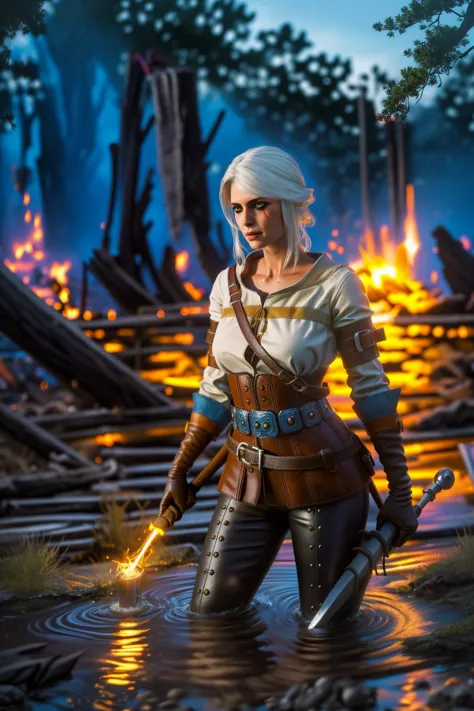 (masterpiece, best quality, detailed:1.2),ciriW3_soul3142,1girl,white hair,scar across eye,green eyes,freckles,leather boots,brown gloves,black pants,leather gloves,white shirt,brown belt,
outdoors,pants,sword,water,holding weapon,tree,fire,nature,holding torch,stand_in_water,
masterpiece,best quality,ultra-detailed,realistic,Style-EMCG,fcNeg,absurdres,<lora:bf4:0.2>,<lora:Wepons:0.8>,<lora:detail_slider_v4:0.5>,<lora:LowRA:0.5>,<lora:ciriW3:0.7>,