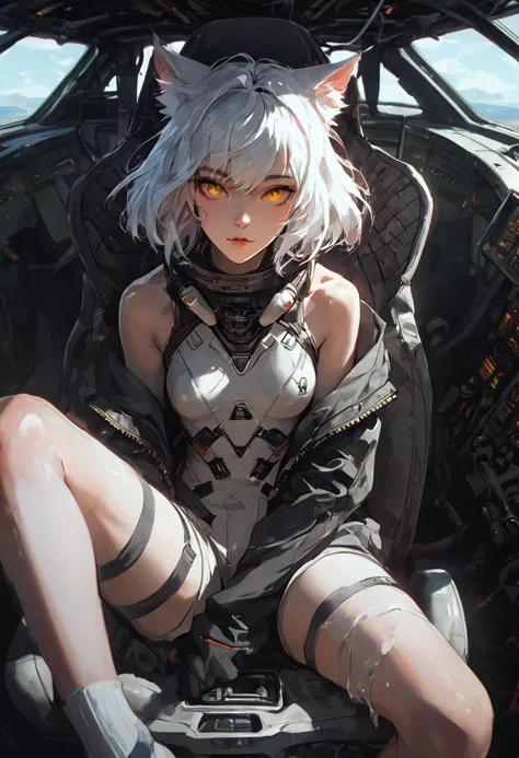 source_anime, score_9, score_8_up, score_7_up, score_6_up,Japanese art style,1girl, solo, catgirl, cat ears, white hair, bangs pinned up, golden eyes, vertical pupils, pale skin, 
pilot, eva,  cockpit, sitting, focus on legs, looking up, screens, leg focus, frontal view, front view, joystick, viewer between legs, nipple, pussy
<lora:g4n1m3XLP:0.3> <lora:comicbookpage style:0.2> <lora:add-detail-xl:0.9>