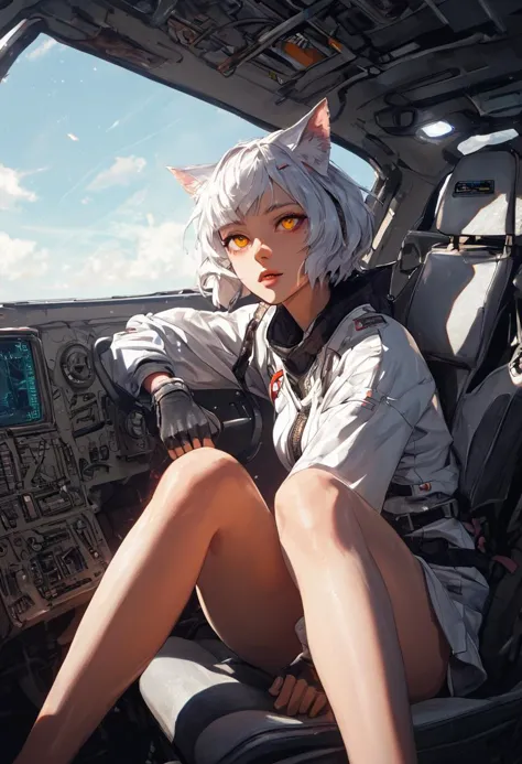 source_anime, score_9, score_8_up, score_7_up, score_6_up,Japanese art style,1girl, solo, catgirl, cat ears, white hair, bangs pinned up, golden eyes, vertical pupils, pale skin, 
pilot, eva,  cockpit, sitting, focus on legs, looking up, screens, leg focus, frontal view, front view, joystick, viewer between legs, nipple, pussy
<lora:g4n1m3XLP:0.3> <lora:comicbookpage style:0.2> <lora:add-detail-xl:0.9>