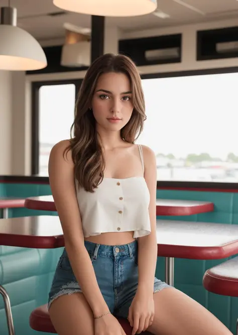 ((nsfw)), 8k, RAW photo, best quality, ultra high res, photorealistic, realistic photo of a girl wearing a croptop, bare shoulders, jeans, sitting in a diner, beautiful, detailed face, detailed, highres, realistic, photorealistic, full body, head to toe, l...