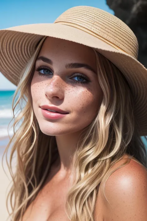 a portrait of a beautiful woman, topless, , (light freckles, beauty spots:1.2), she has long (dirty blonde:1.2) wavy hair, she is wearing a beige sunhat background of the ocean, sunset, sun-kissed, sunflare, <lora:LowRA:0.7>