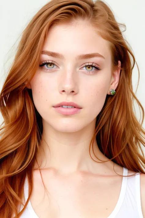 (close-up editorial photo of 20 yo woman, ginger  hair, slim American sweetheart), (freckles:0.8), (lips parted), realistic green eyes, POV, realistic[:, (film grain, 25mm, f/1.2, dof, bokeh, beautiful symmetrical face, perfect sparkling eyes, well defined...