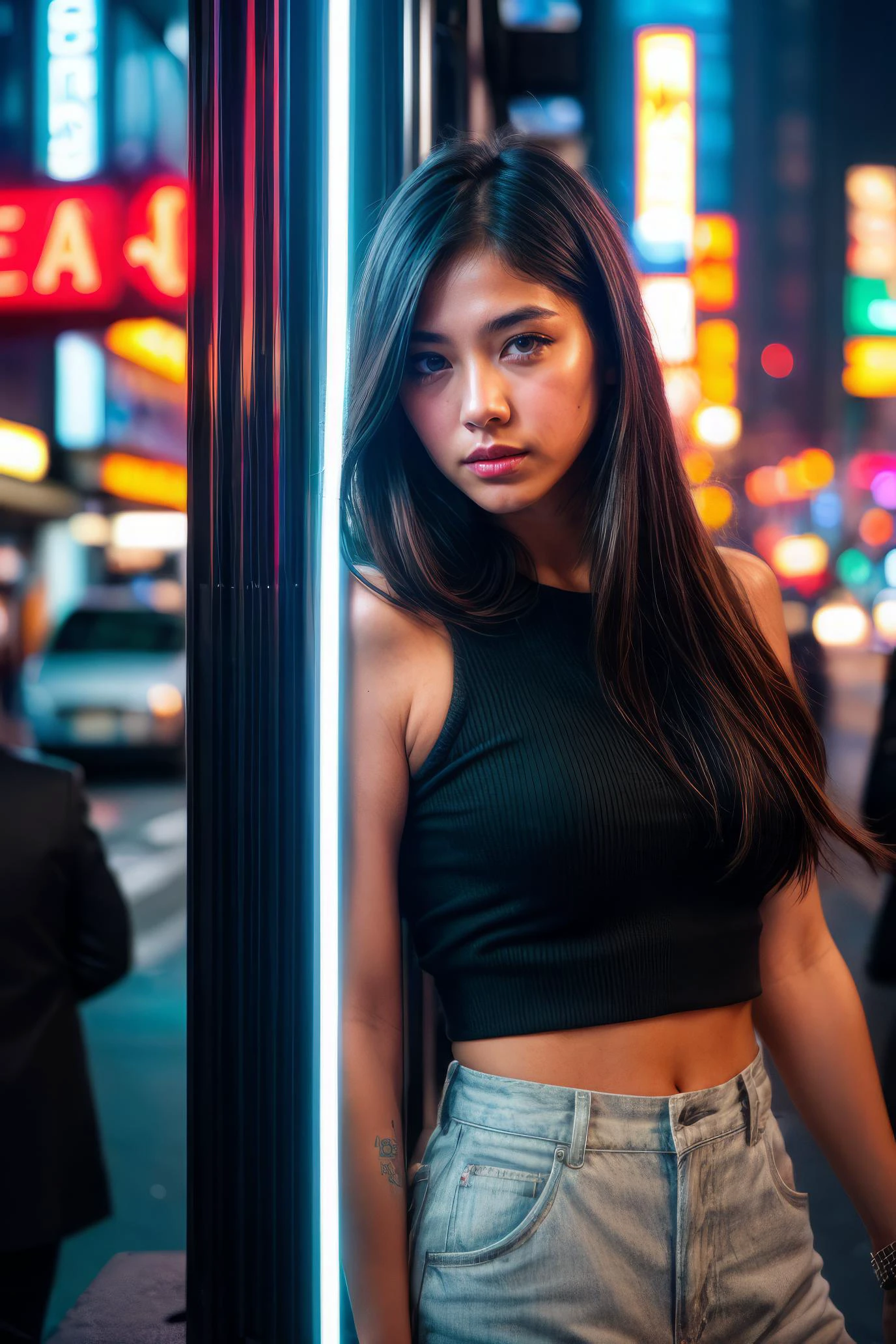 a girl in a bustling metropolis, weaving through crowded streets and dark alleyways, close up, Detailed clothes, green eyes, flowing hair, determined expression, shiny glossy skin, subsurface scattering, (sharp:0.7), [(colorful explosion psychedelic paint colors:1.21)::0.05], amazing fine detail, Nikon D850 film stock photograph Kodak Portra 400 camera f1.6 lens, rich colors, lifelike texture, dramatic lighting, urban environment, skyscrapers, neon signs, street vendors, dynamic composition, unreal engine, trending on ArtStation, cinestill 800 tungsten 