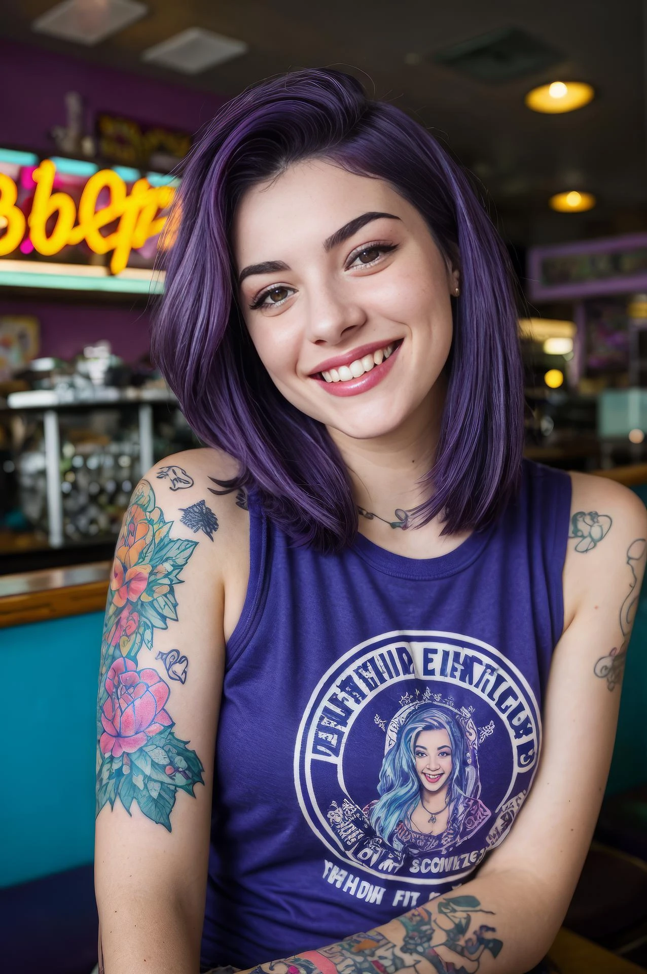 street photography photo of a young woman with purple hair, smile, happy, cute t-shirt, tattoos on her arms, sitting in a 50s diner 
