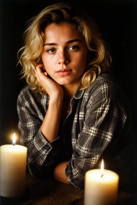 photograph of a woman, (troubled facial expression), textured skin, goosebumps, blonde afro hair, plaid flannel shirt with distressed boyfriend jeans, cowboy shot, dark and mysterious cave with unique rock formations and hidden wonders, perfect eyes, (cand...