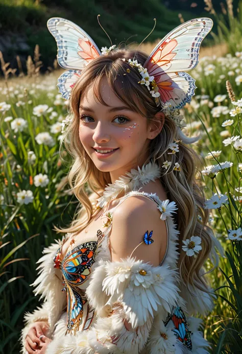 (medium full shot) of (whimsical butterfly) with psychedelic prismatic striped wings, snowy white body, glowing antennae, floral...