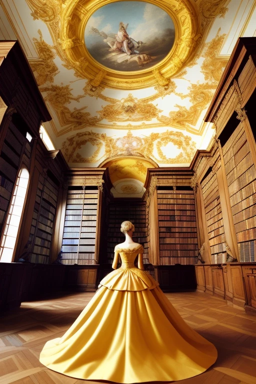 a queen in a golden dress in a baroque library with a painted roof