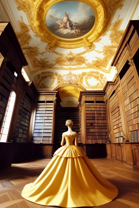 <lora:LibraryAI-000002:0.5> a queen in a golden dress in a baroque library with a painted roof