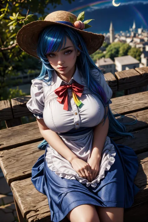 araffe sitting on a bench with a hat and a rainbow