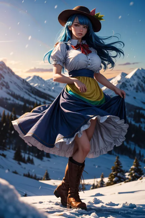 a woman in a dress and hat is standing on a snowy hill