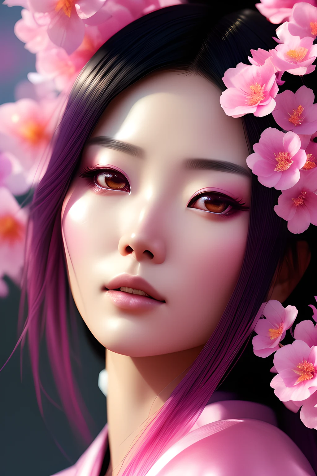 ChromaV5:1.6, 恩温克朋克, 模拟风格,  一位身穿粉色和服的美丽日本女人的特写, 被美丽的粉红色花朵包围, 工作室拍摄, 漂亮的脸蛋, 漂亮的眼睛, 格雷格·鲁特科斯基的艺术作品, 概念艺术, artstation 上的热门