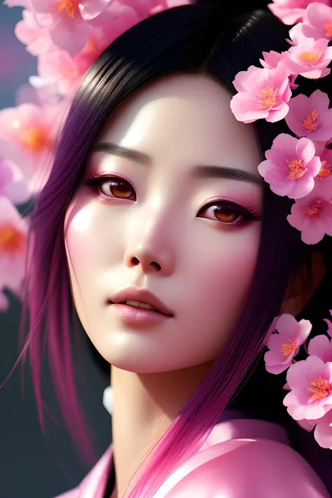 ChromaV5:1.6, nvinkpunk, Analog Style,  Close up of a beautiful japanese woman wearing pink kimono, surrounded by beautiful pink...