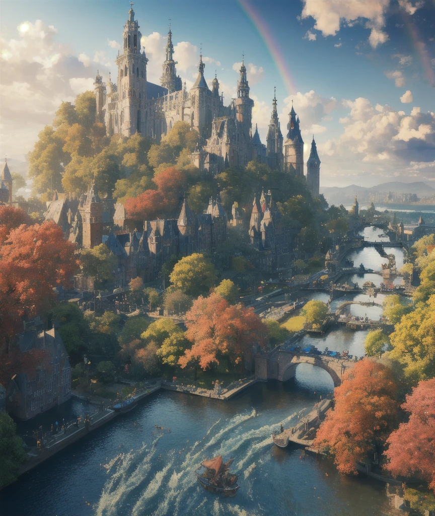 傑作, 最高品質, 高品質, 非常に詳細な CG unity 8k wallpaper, 中世の城の王国. 景色,  アムステルダム, 秋, 屋外, 虹, 空, 雲, 日, 風景, 水, 木, blue 空, 水fall, 自然, 湖, 川, 雲y 空,受賞歴のある写真, ボケ, 被写界深度, 高解像度, 咲く, 色収差 ,写実的な,非常に詳細な, アートステーションでトレンド, CGSociety で話題, 複雑な, 高いディテール, 劇的, アート：ミッドジャーニー