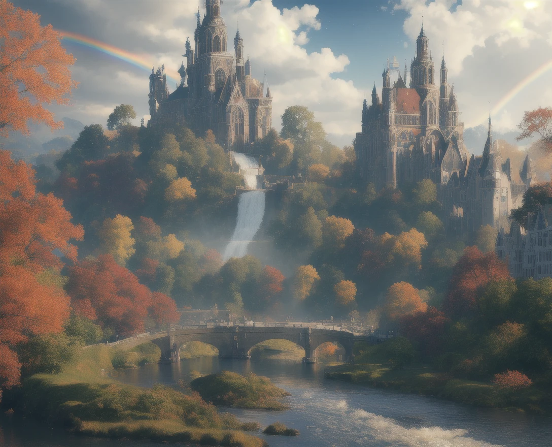 masterpiece, best quality, high quality, extremely detailed CG unity 8k wallpaper, medieval castles kingdom. scenery,  amsterdam, autumn, outdoors, rainbow, sky, cloud, day, landscape, water, tree, blue sky, waterfall, nature, lake, river, cloudy sky,award winning photography, Bokeh, Depth of Field, HDR, bloom, Chromatic Aberration ,Photorealistic,extremely detailed, trending on artstation, trending on CGsociety, Intricate, High Detail, dramatic, art by midjourney