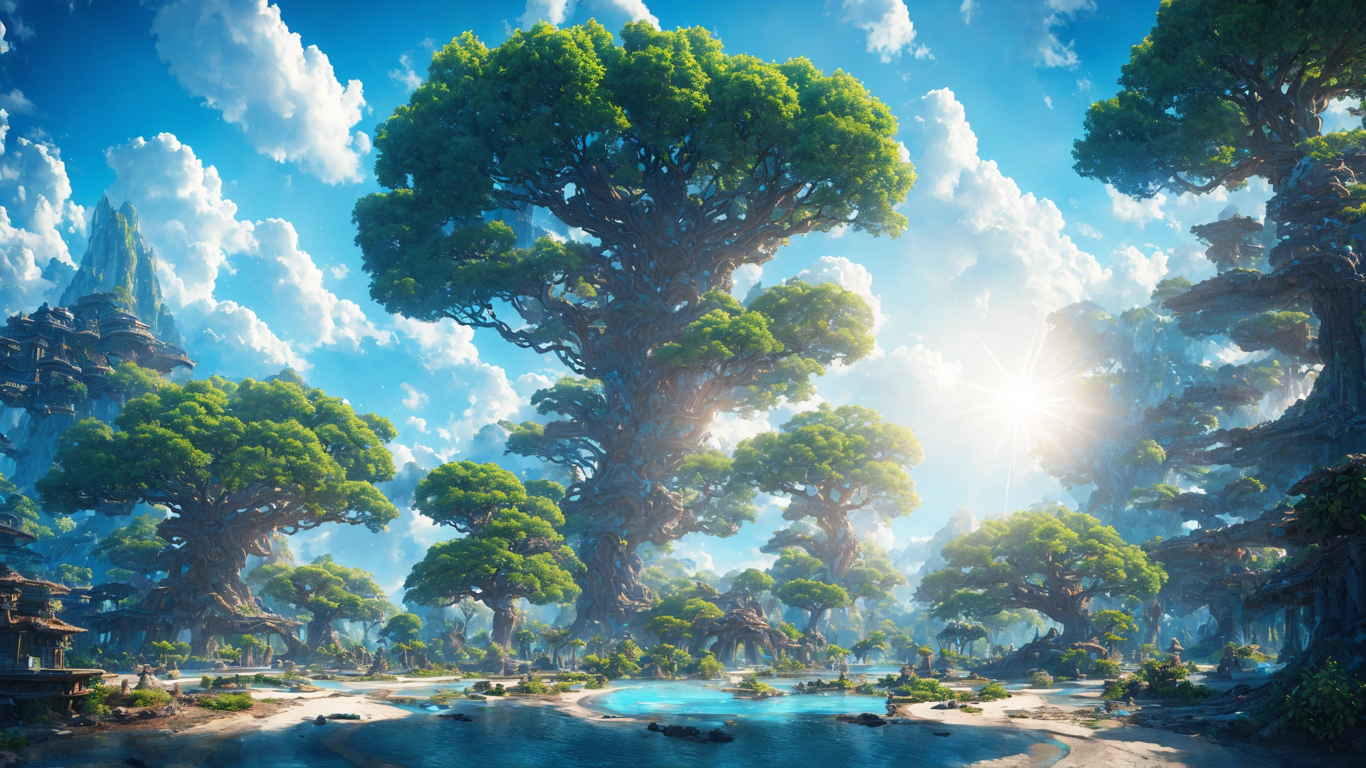masterpiece, best quality, high quality, extremely detailed CG unity 8k wallpaper, a hyperrealistic colossal cyan raintree, in a futuristic prehistoric village, splashing water, sandy debris, lens flares, sunshaft, fluffy clouds, Hyperdetailed, HDR, bloom, Photorealistic, hyperdetailed